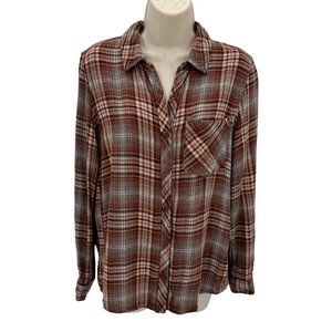 Becool Womens Brown Plaid Flannel Button Long Sleeve Shirt Size S